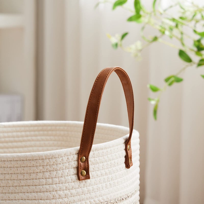 VIPOSCO Small Laundry Basket  Slim Baby Hamper with Leather Handle  Cute Woven Rope Storage Basket for Blanket  Kids Toy  Clothes In Living Room  Bathroom  Bedroom  Nursery Room - 30L Brown & White - Image 3